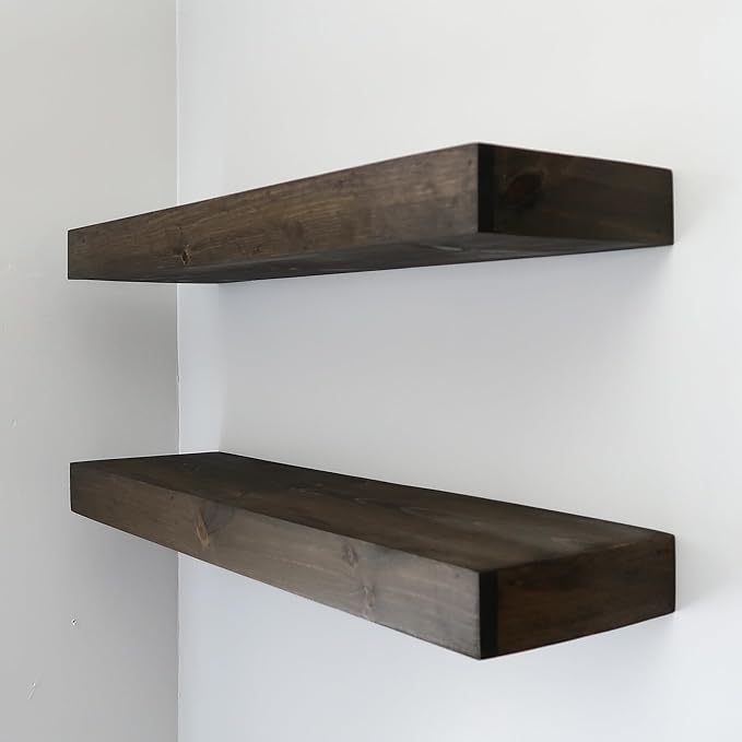 Modern Floating Shelves 3 Inches Thick for Wall, Wide Shelves for Kitchen, Living Room, Bedroom, and Bathroom, Natural Pine Wood, Rustic Wooden Shelf, (Set of 2) (Jacobean, 36Lx3Hx6D)