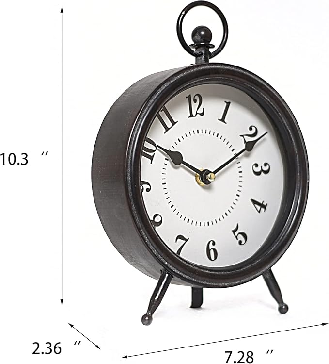 Vintage Decorative Desk and Shelf Clock, Rustic Mantel Clock Farmhouse Clock,Black Table Clock on Stand, Silent Non-Ticking 10.3 * 7.3 inch