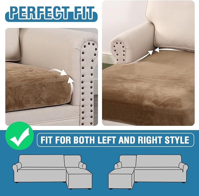 H.VERSAILTEX Velvet Stretch Sectional Couch Covers 3 Pieces Sofa Seat Cushion Covers L Shape Separate Cushion Couch Cover for Both Left/Right Sectional Couch (Large Sofa 2 Seater + 1 Chaise, Camel)