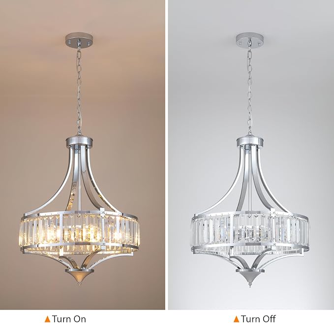Modern Chrome Crystal Chandelier, 20 Inch Large Ceiling Pendant Light Fixture with 50'' Adjustable Hanging Chain, 5-Light Farmhouse Chandelier for Dining Room, Living Room, Bedroom, Entryway