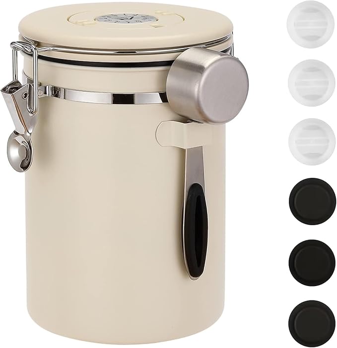ShanSon Coffee Canister Airtight Coffee Container Stainless Steel Coffee Bean Storage Container with Scoop Coffee Canister for Beans Grounds Sugar Flour Tea Cereal,22OZ, Beige