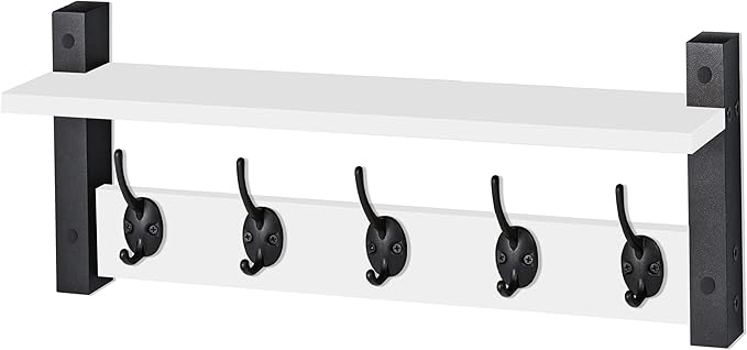 Sorbus Coat Hooks Wall Mount with Shelf – 24 Inch Coat Rack Wall Mount with 5 Heavy Duty Hooks – Floating Wall Shelf with Hooks for Entryway, Bathroom, Bedroom, Kitchen, or Mudroom (White)