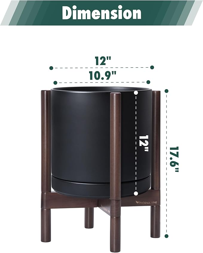 D'vine Dev Ceramic Planter with Walnut Color Stand - 12 Inch Modern Round Flower Pot with Wood Planter Holder, Black, 55-B-W-2