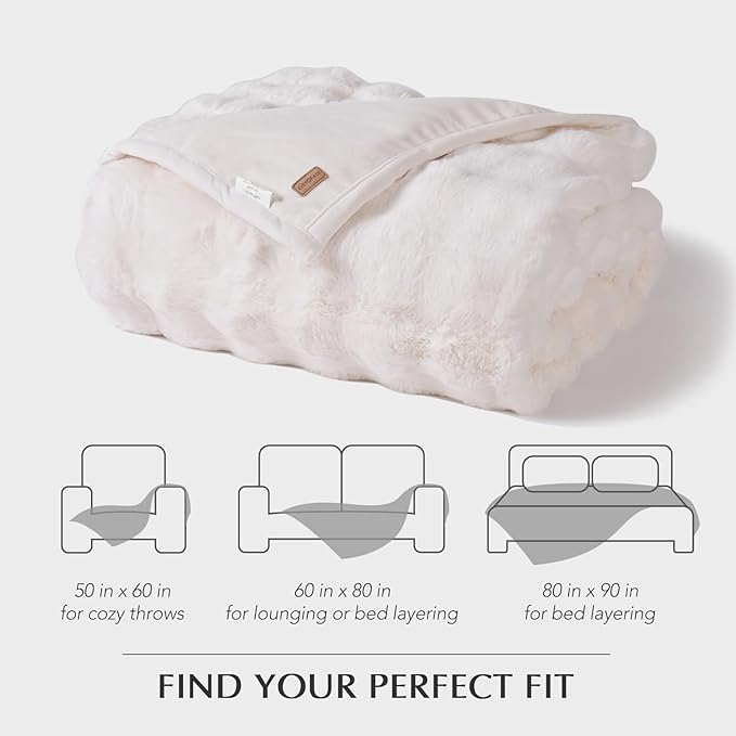 EVERGRACE Ultra Soft Luxury Fluffy Ridgeline Faux Rabbit Fur Throw Blanket, Thick Warm Bubble Throw for Bed, Cozy Plush Reversible Blankets for Couch, Chair, Sofa, Ivory White, 50x60 Inches, 870 GSM