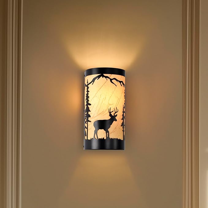 Wall Sconce Light,Deer Metal Yellow Parchment Farmhouse Wall Sconce,Rustic E26 Base Wall Mount Lamp,Vintage Matte Black Bedroom Wall Lights,Indoor Wall Lamps for Living Room,Hallway,Porch