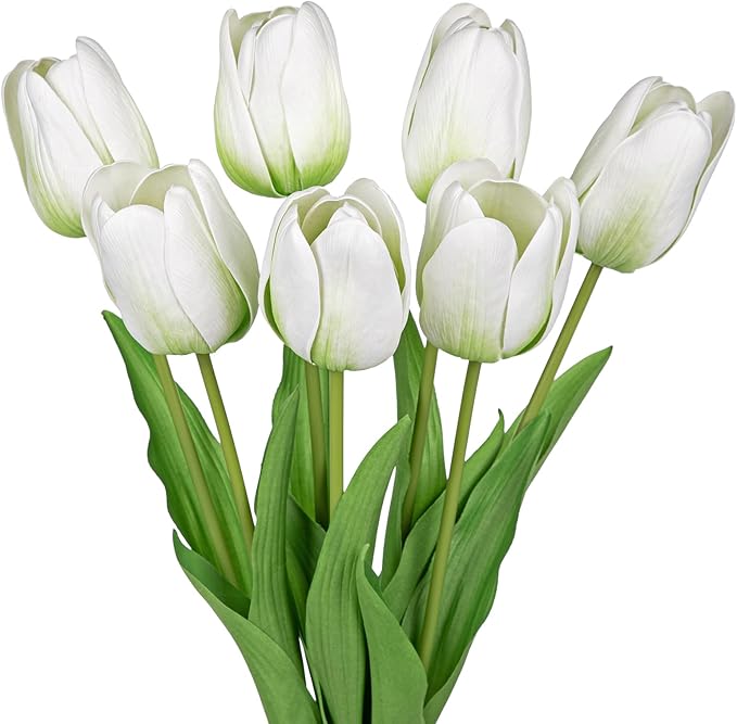 Artificial Tulips Flowers – 24" Long Stem Faux Tulips, 7PCS Real Touch Fake White Tulip for Vase, Farmhouse, Kitchen, Spring & Wedding Home Decor