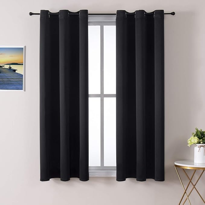 ChrisDowa Blackout Curtains 48 inches Long for Bedroom - 2 Panels Set Grommet Thermal Insulated Room Darkening Curtains for Living Room (Black, 42 x 48 Inch)