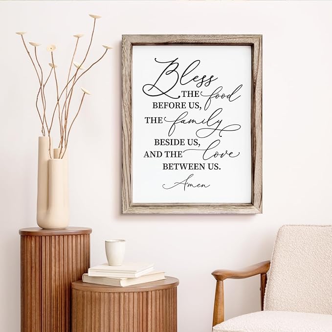 Christian Wooden Wall Sign, Dining Room Decors, Farmhouse Decor for Kitchen, Rustic Home Decor, Framed Wall Plaque Sign 15 * 11.5 inches, Bless the Food Before Us