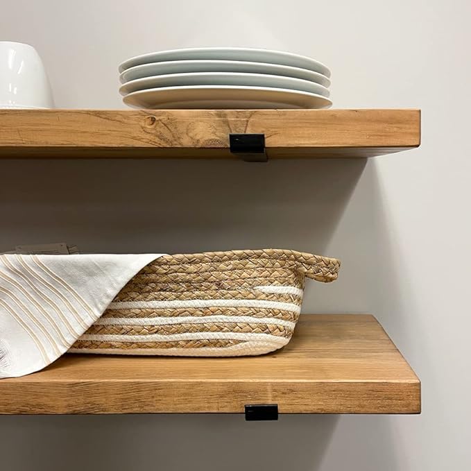 Rustic Shelves with J-Brackets Set of 2, Industrial Shelf, Kitchen Shelves, Solid Wood, Decorative Wall Storage, Heavy Duty, URBANDI (Brown, 48Wx6D)