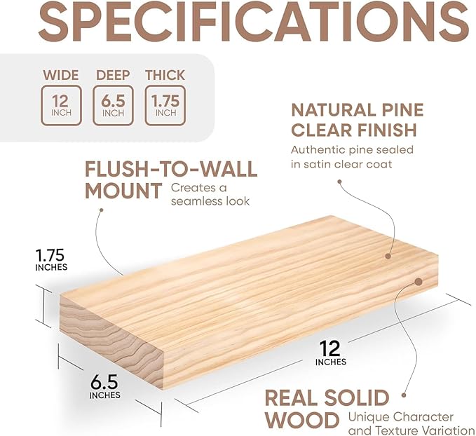 Homeforia 12 inch Natural Floating Shelf, High End Solid Real Wood 12inch Small Floating Shelves for Wall Mounted, Natural Wooden Floating Shelves, Heavy Duty Bracket, 12 X 6.5 X 1.75 in, Set of 4