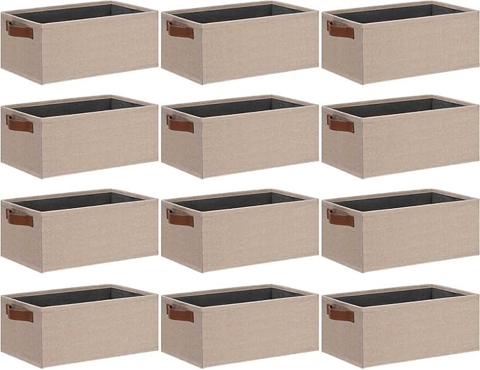 GhvyenntteS Small Fabric Storage Bins 12 Pack, 11.8" x 7.87" x 5.11" Storage Basket with Leather Handles, Closet Storage Bins for Shelves, Storage Baskets for Shelves, DVD Storage (Beige Yellow)