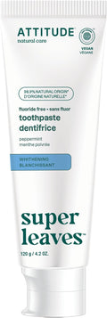 Attitude Fluoride-Free Whitening Toothpaste, Peppermint Flavor, Vegan & Cruelty-Free, Sugar-Free, Plant & Mineral-Based Ingredients, Clean Oral Care, 4.2 Oz