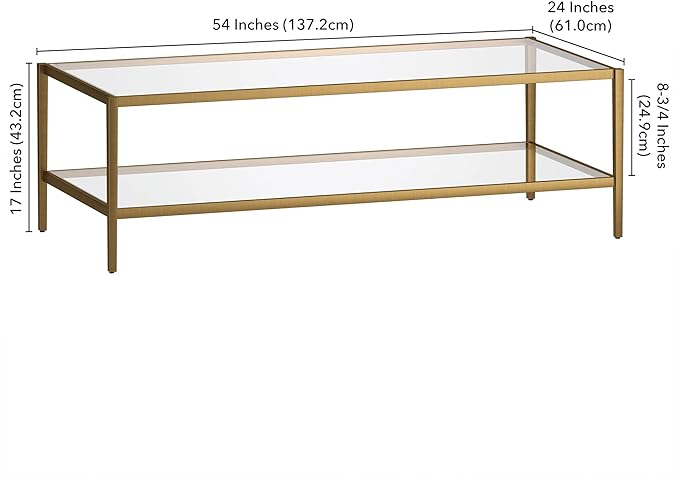 Henn&Hart 54" Wide Rectangular Coffee Table with Glass Shelf in Antique Brass, Modern coffee tables for living room, studio apartment essentials