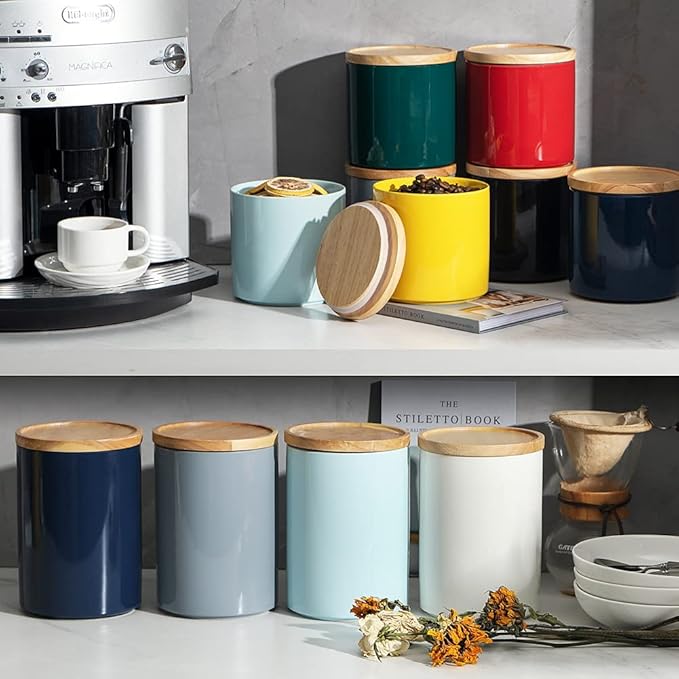 Sweejar Kitchen Canisters Ceramic Food Storage Jar, Stackable Containers with Airtight Seal Wooden Lid for Serving Coffee Bean, Flour, Tea, Cookies and More - 58 Fl Oz(Navy)