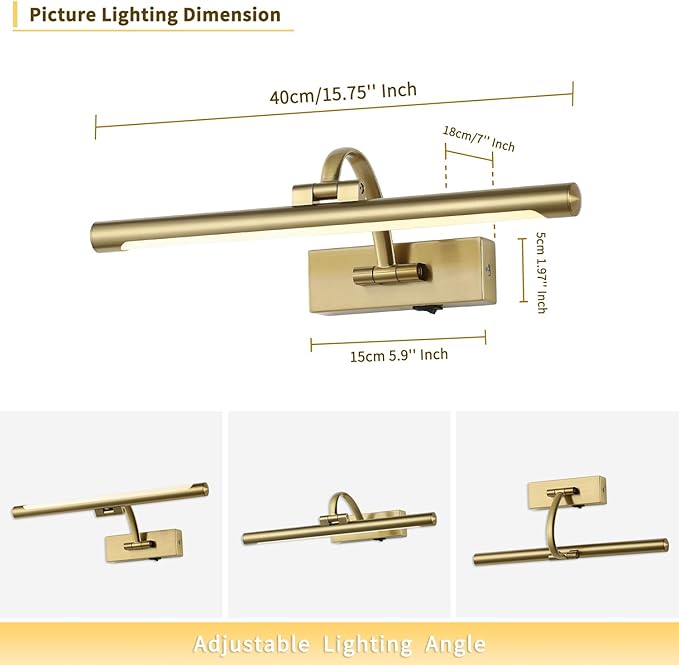 Battery Operated Picture Light with Remote and Timer, Wireless Art Lights for Paintings Brass Rechargeable Gallery Light Dimmable Artwork Lighting for Canvas, Portrait 16'' Inch Warm White
