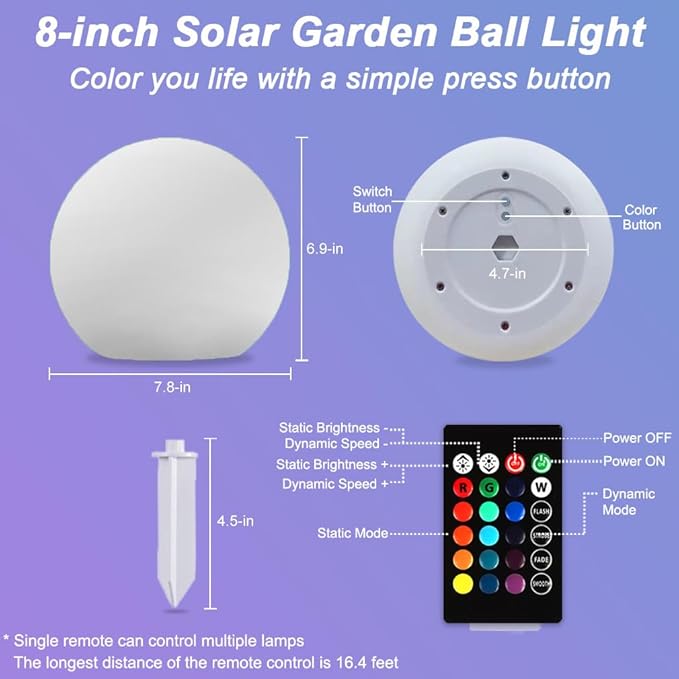 8-in Solar Globe Light Outdoor, Waterproof Solar Ball Light for Outside w/Remote, 16 RGB Color Changing Glowing Orb Lamp Landscape Lighting Mood Lamp w/Ground Stake for Garden Patio Yard Pathway Decor