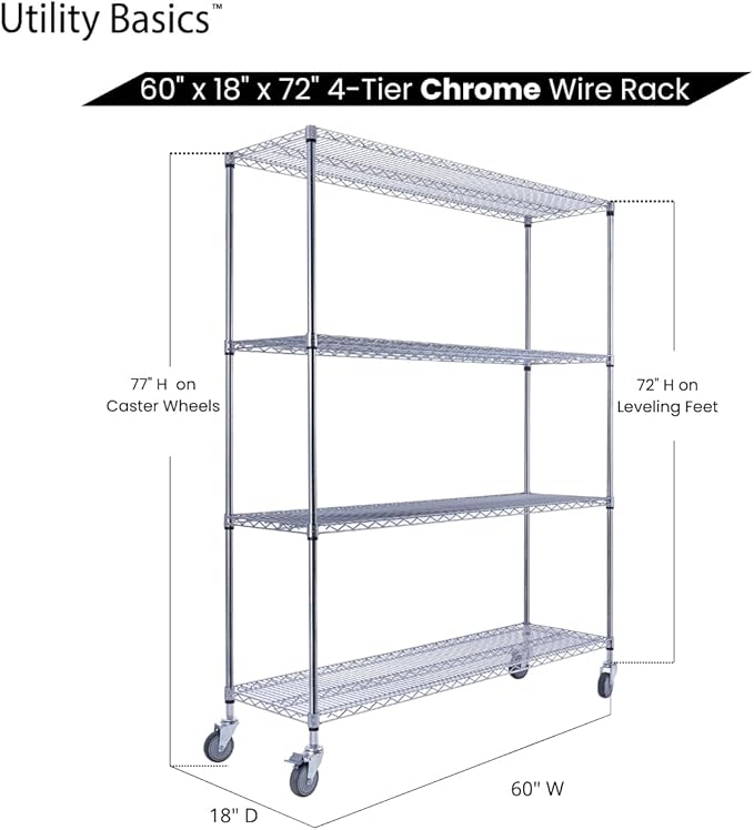 60"x18"x72" Chrome Premium Metal Steel Wire Shelving 4-Tier NSF 3200 LBS MAX Capacity Heavy Duty Storage Rack for Garages, Commercial Spaces, Hospitals, & Schools w/Premium Wheels