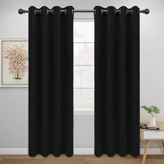 Easy-Going Blackout Curtains for Bedroom, Solid Thermal Insulated Grommet and Noise Reduction Window Drapes, Room Darkening Curtains for Living Room, 2 Panels (52x84 in,Black)