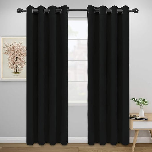 Easy-Going Blackout Curtains for Bedroom, Solid Thermal Insulated Grommet and Noise Reduction Window Drapes, Room Darkening Curtains for Living Room, 2 Panels (52x84 in,Black)