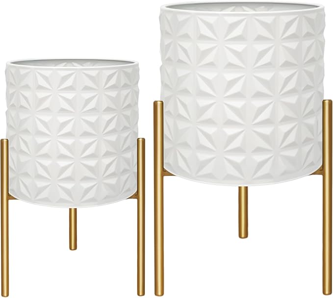 ARNIS Modern Planter Pots, Set of 2 Large Planters with Stand, Decorative Planters, Metal Pots with Drainage Holes for Living Room, Office, Garden or Balcony, 10.5 &12.25 Inch, Matte White