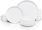 Ceramic Dinnerware Set, 12-Piece Service for 4, Soup Bowls (31.5 oz), Salad Plates (7.5"), Dinner Plates (10.5"), Round, Microwave and Dishwasher Safe, White, Cambridge Classics