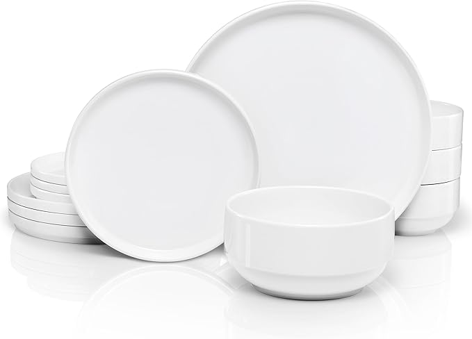 Ceramic Dinnerware Set, 12-Piece Service for 4, Soup Bowls (31.5 oz), Salad Plates (7.5"), Dinner Plates (10.5"), Round, Microwave and Dishwasher Safe, White, Cambridge Classics