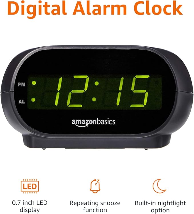Amazon Basics Small Digital Oval Alarm Clock With LED Display, Nightlight & Battery Backup, Black, 4.5 x 3.5 x 2.4 Inches