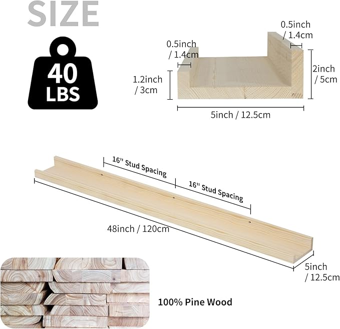 SAUMONIERES Picture Ledge Shelf Floating Book Shelves Set of 2 Wall Mounted Solid Wood for Bedroom Bathroom Living Room Kitchen, 48 Inch Natural