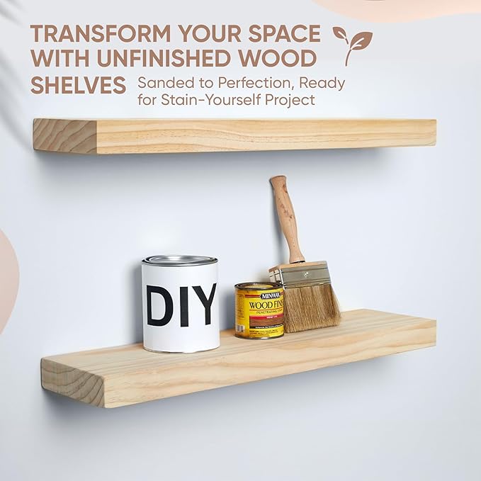 Homeforia 24 inch Natural Floating Shelf, High End Solid Real Wood 24inch Small Floating Shelves for Wall Mounted, Natural Wooden Floating Shelves, Heavy Duty Bracket, 24 X 6.5 X 1.75 in, Set of 3