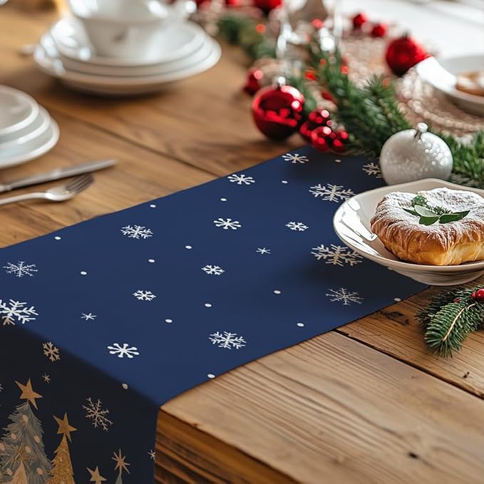 GEEORY Christmas Table Runner 13x108 Inch, Xmas Trees Snowflakes Holiday Decorative Farmhouse Table Decoration for Kitchen Dinning, Indoor Outdoor Dinner Party Decor (Blue) GT151-108