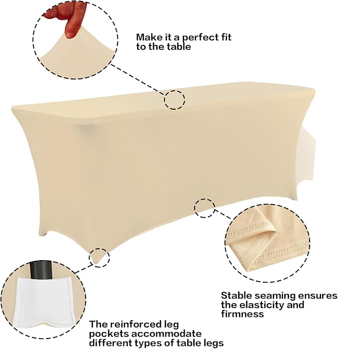 IVAPUPU 6FT Table Cloth for Rectangular Fitted Events Stretch Champagne Table Covers Washable Cover Spandex Tablecloth Protector for Party, Wedding, Cocktail, Banquet, Festival