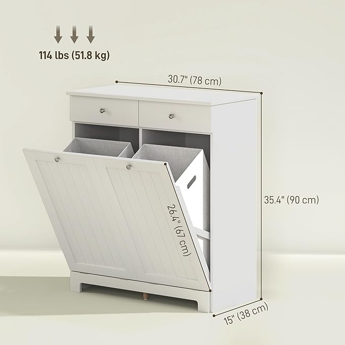 HOMCOM Laundry Hamper Cabinet with 2 Removable Baskets, Tilt Out Laundry Hamper Cabinet with 2 Drawers and 2 Beadboard Doors, Laundry Cabinet Bathroom Storage Cabinet, White