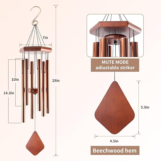 Small Wind Chimes for Outside, 28 Inches Wind Chimes Outdoor Tuned Soothing Melody, Sympathy Wind Chimes for Mom/Housewarming, Bronze Wind Chimes Outside Decoration.