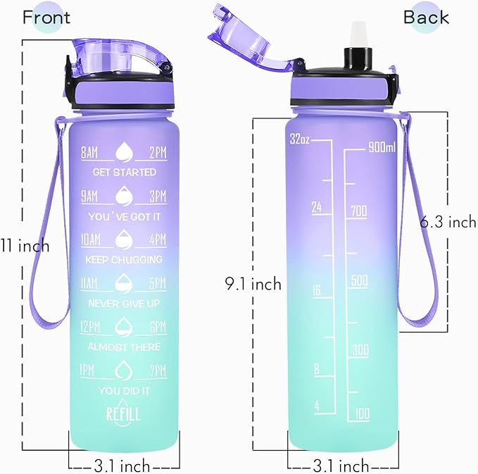 Enerbone Water Bottle, Leakproof BPA & Toxic Free, Motivational Water Bottle with Times to Drink and Straw, Fitness Sports Water Bottle with Strap for Office, Gym, Outdoor Sports