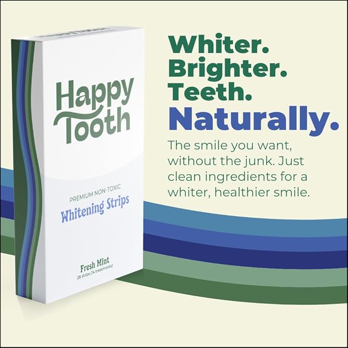 Happy Tooth Natural Teeth Whitening Kit, Strips for Sensitive Teeth, Enamel Safe, Dentist Formulated, Fluoride Free, Natural Ingredients, Gentle Daily Use, 28 Strips, 14 Treatments, Fresh Mint Flavor