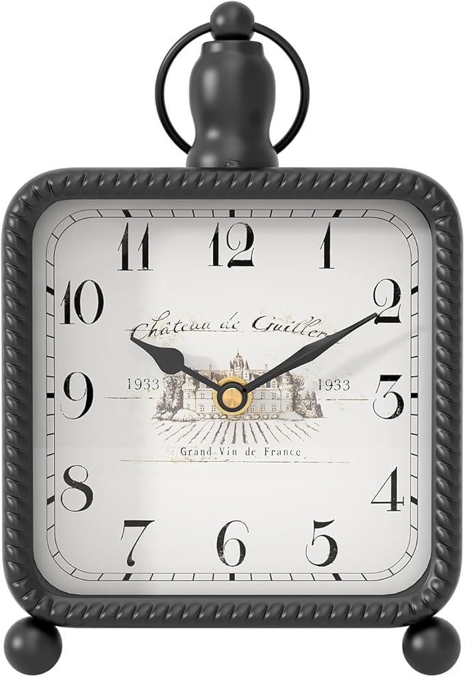 Vintage Black Table Clock on Stand, Desk and Shelf Decor Clock, French Rustic Style Non-Ticking Mantel Clocks for Farmhouse, Living Room, Bedroom, Bedside, Gift (8.5" H x 5.5" W)