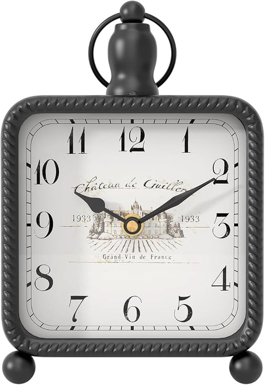 Vintage Black Table Clock on Stand, Desk and Shelf Decor Clock, French Rustic Style Non-Ticking Mantel Clocks for Farmhouse, Living Room, Bedroom, Bedside, Gift (8.5" H x 5.5" W)