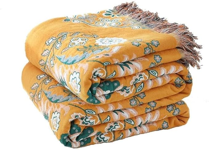 Boho Throw Blanket for Bed,100% Cotton Ultra Soft Lightweight Muslin 4-Layer Breathable Woven Throws 60''x 80'' Blanket Yellow Floral Printed Farmhouse Decor Bed Blankets