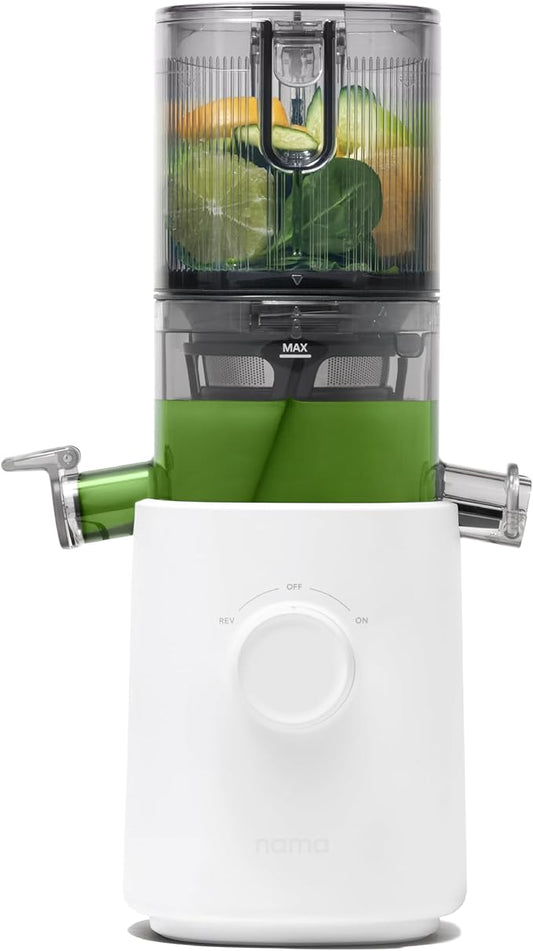 Nama J3 Compact Cold Press Juicer – Space Saving & Self Feeding for Hands-Free Operation – Lightweight, Portable Zero Waste Slow Masticating Juicer – Easy Cleanup & Assembly - White