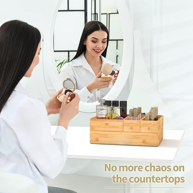 Bamboo Kitchen Drawer Organizer,Stackable Silverware Tray Utensil Organizer Cutlery Holder for Kitchen,Wooden Storage Box for Bathroom, Multi-Use Storage Bins Dividers for Office(9x3x2.5 inch)