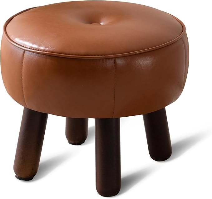 Small Foot Stool, Round Faux Leather Pouf Ottoman Foot Rest, Footstool Ottomans with Rubber Legs Under Desk, 13''L x 13''W x 10.2''H, Footrest for Couch, Living Room, Bedroom, Hallway, Brown