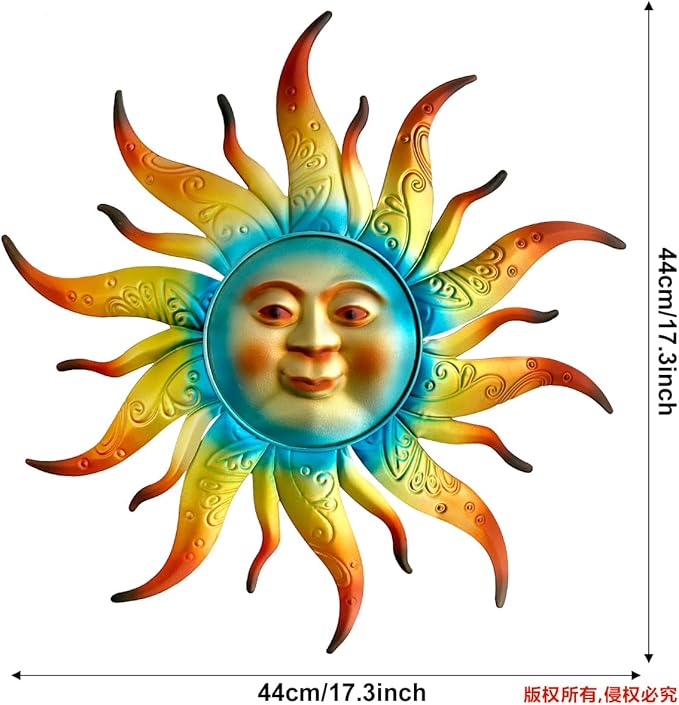Metal Sun Wall Art Decor - 17.3 inches Outdoor Wall Decor,Sun Face Sculpture for Garden Farmhouse Yard Patio Fence Living Room Bedroom Gift Idea for Family Friends