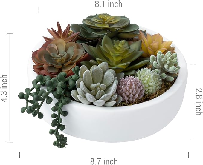 MyGift 8 Inch Round Modern Artificial Succulent Arrangement Potted in White Concrete Plant Bowl, Assorted Faux Mini Succulents in a Decorative Planter Pot