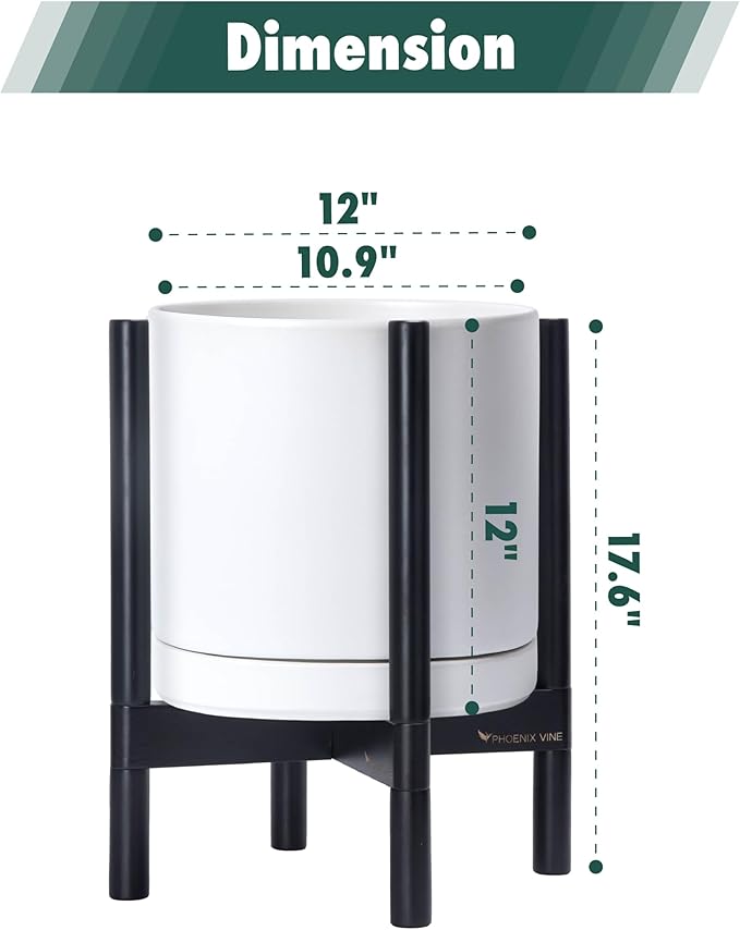 D'vine Dev Ceramic Planter with Ebony Stand - 12 Inch Modern Round Flower Pot with Wood Planter Holder, White, 55-B-H-1