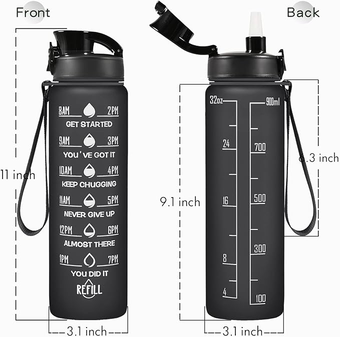 Enerbone Water Bottle, Leakproof BPA & Toxic Free, Motivational Water Bottle with Times to Drink and Straw, Fitness Sports Water Bottle with Strap for Office, Gym, Outdoor Sports