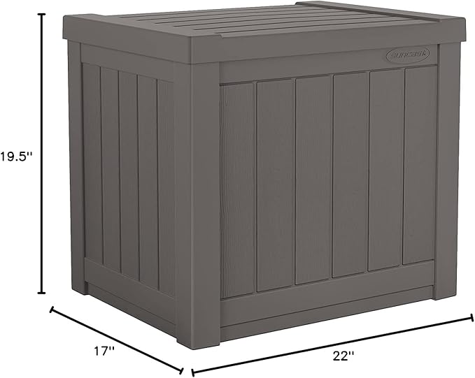 Suncast 22-Gallon Small Deck Box - Lightweight Resin Indoor/Outdoor Storage Container and Seat for Patio Cushions and Gardening Tools - Store Items on Patio, Garage, Yard - Stone Gray, Made in the USA