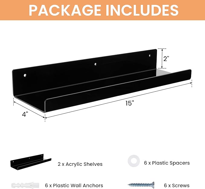 upsimples Acrylic Shelves for Wall Decor, 15" Display Shelf Perfume Organizer for Bathroom, Bedroom, Living Room, Floating Bookshelves for Kids, Black, 2 Pack