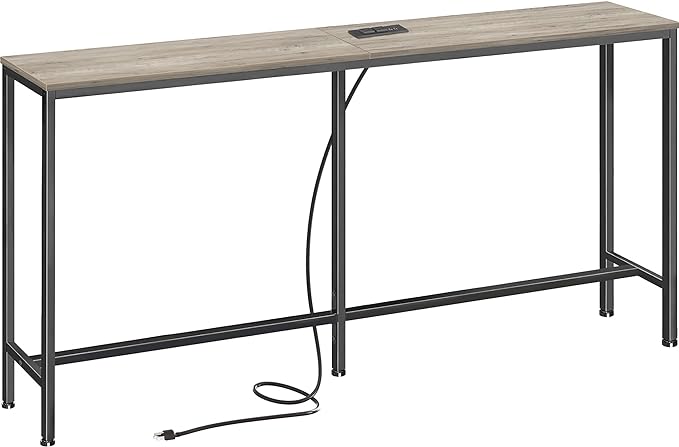 SUPERJARE Console Table with Outlet, 63 Inch Sofa Table with Charging Station, Narrow Hallway Entryway Table, Behind Couch Table, for Living Room, Oak