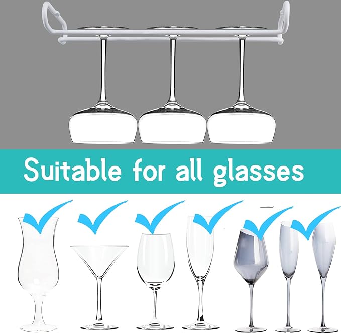 set 2 White Wine Glass Rack Under Cabinet Shelf 10 Inch Stemware Storage Hanging Hanger Organizer Glasses Holder with Drying Under Counter Metal for Kitchen and Bar
