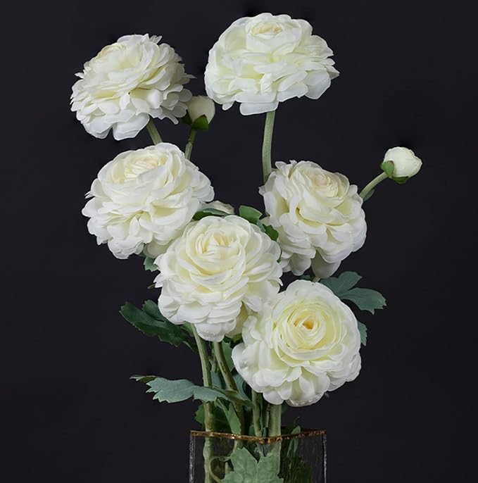 Artificial Ranunculus Long Stem Buttercup Silk Flowers 6pcs for Home Decor and Wedding Decorations(White 1)
